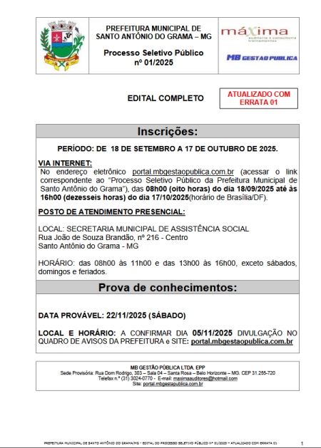 EDITAL DO PROCESSO SELETIVO P&Uacute;BLICO N&deg; 01/2025 &ndash; ATUALIZADO COM ERRATA 01