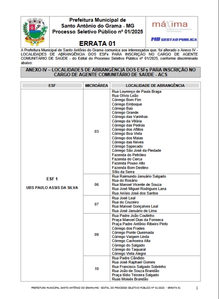 ERRATA 01 - EDITAL DO PROCESSO SELETIVO P&Uacute;BLICO N&deg; 01/2025