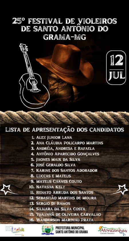 25&ordm; Festival de Violeiros de Santo Ant&ocirc;nio do Grama - Lista de Apresenta&ccedil;&otilde;es dos Candidatos