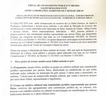 EDITAL DE CHAMAMENTO PÚBLICO N° 0022024 LEI PAULO GUSTAVO